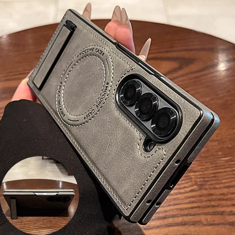 Phone Accessories For Photography - เคสโทรศัพท์หนังสไตล์เรโทรพร้อมขาตั้งซ่อน สำหรับ Samsung Galaxy Z Fold