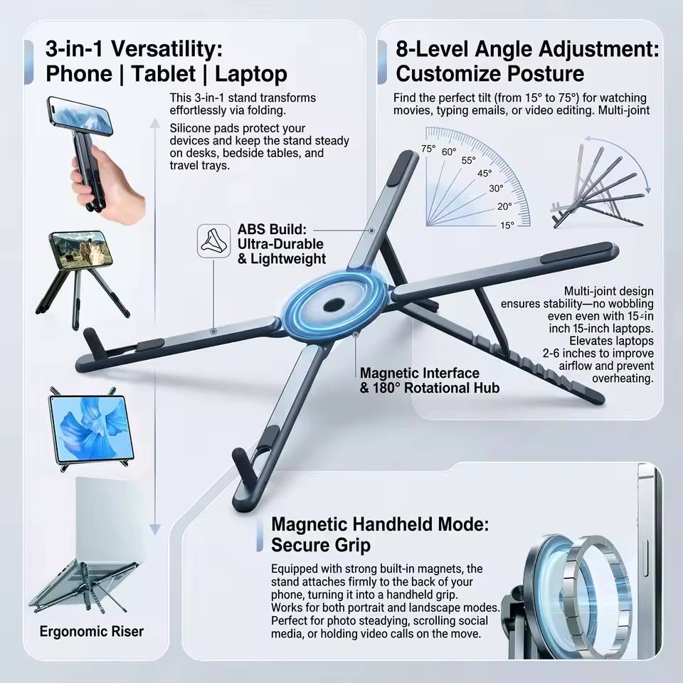 Phone Accessories For Photography - ที่วางโทรศัพท์แม่เหล็กแบบพกพาและไม้เซลฟี่ 3-in-1 ขาตั้งกล้องแบบพับได้สำหรับ iPhone iPad แท็บเล็ต